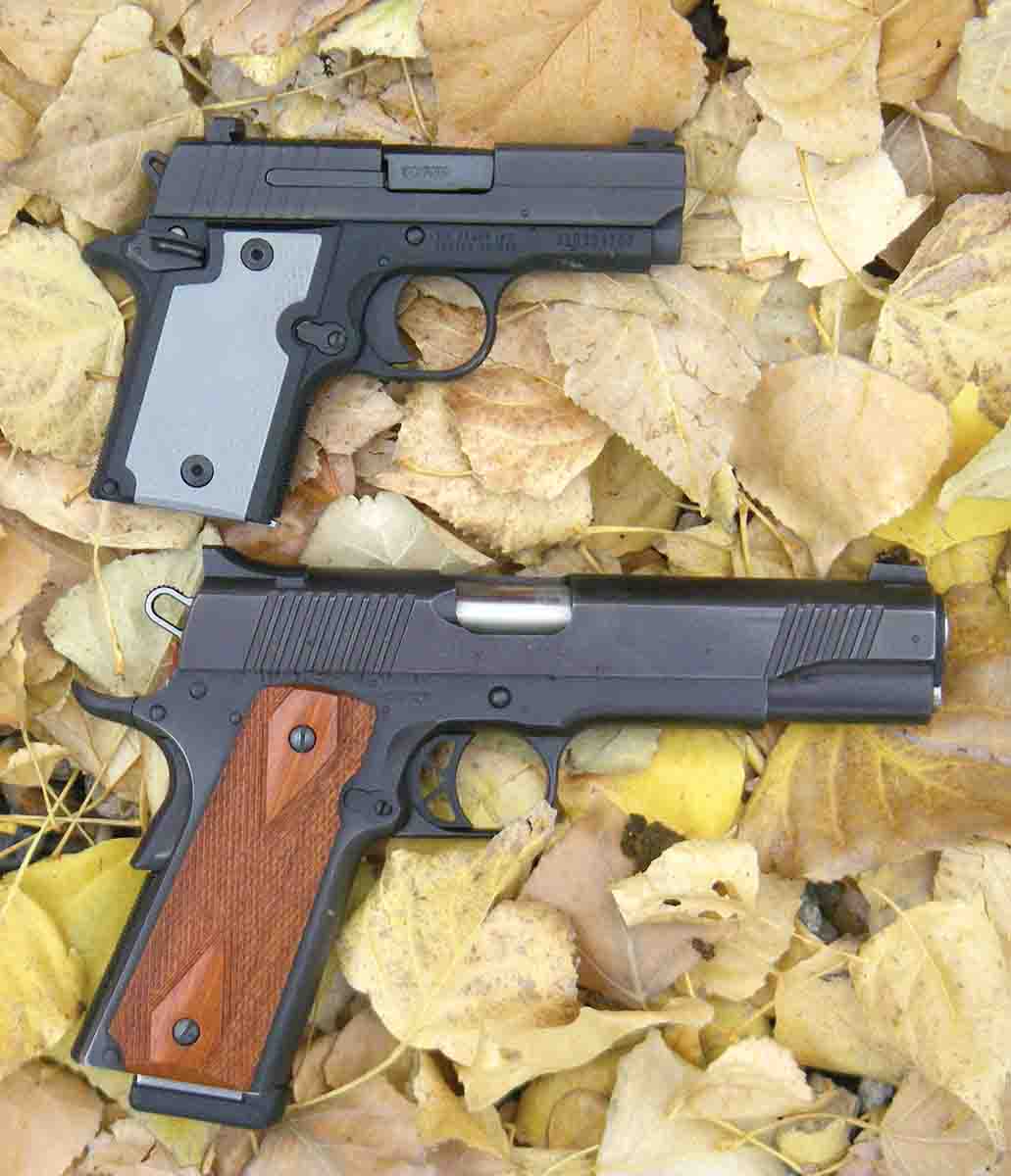 The SIG Sauer P938 (top) is a subcompact 9mm Luger patterned after the widely popular Model 1911 .45 ACP (bottom).